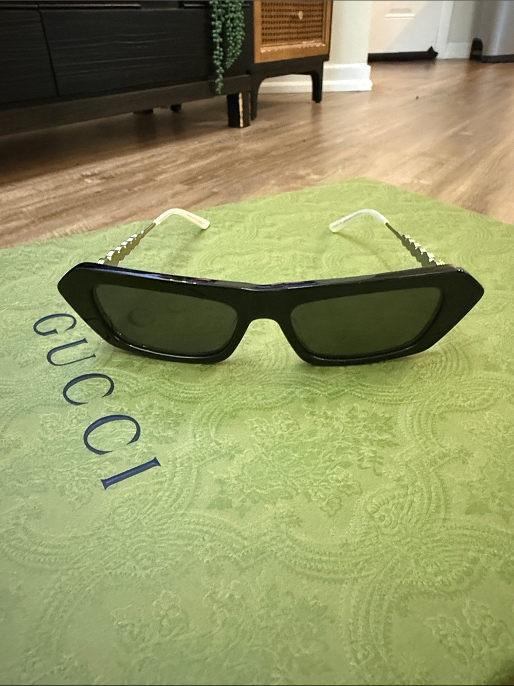 Gucci Women's Black Angular Sunglasses with Dark Green Lenses